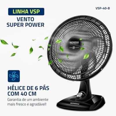 Ventilador de Mesa 40cm Super Power, Mondial, Preto/Prata, 140W, 127V - VSP-40-B